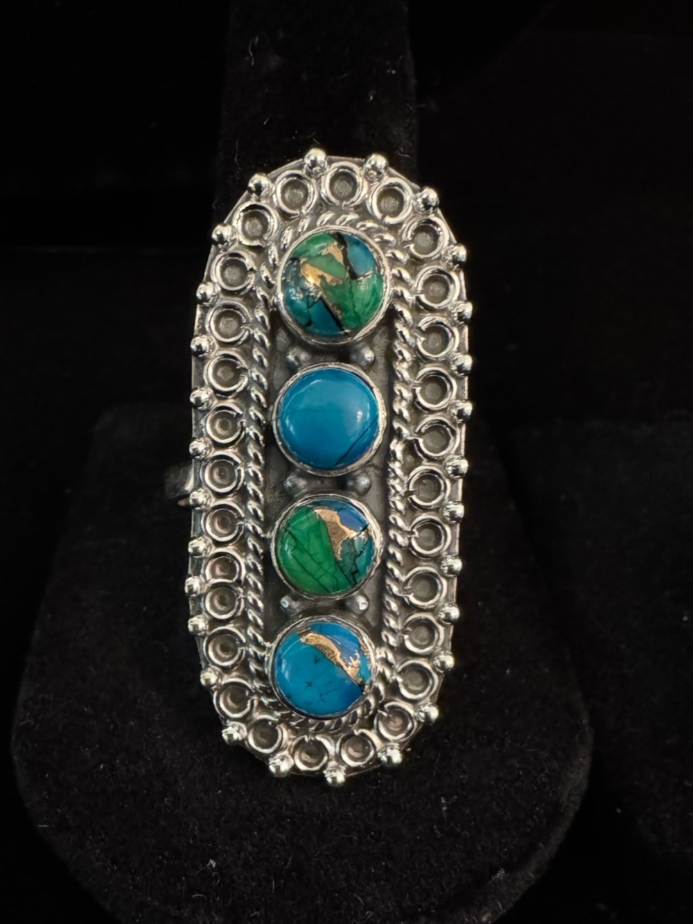Sterling Silver Boho Statement Ring with genuine Turquoise and Green stones